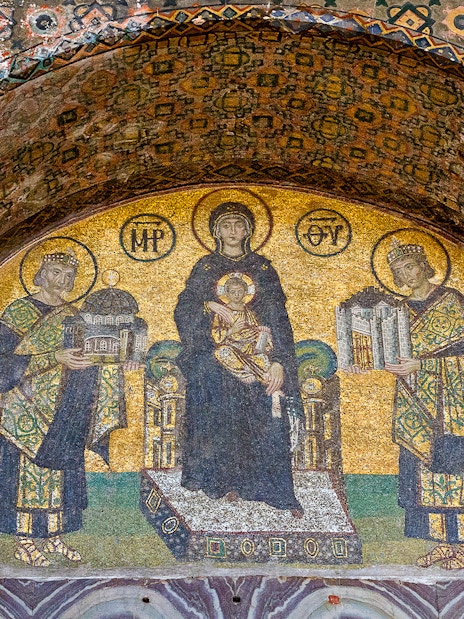 Mosaic of Virgin Mary and Christ Child with emperors in Hagia Sophia, Istanbul.