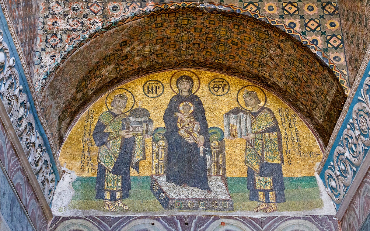 Mosaic of Virgin Mary and Christ Child with emperors in Hagia Sophia, Istanbul.