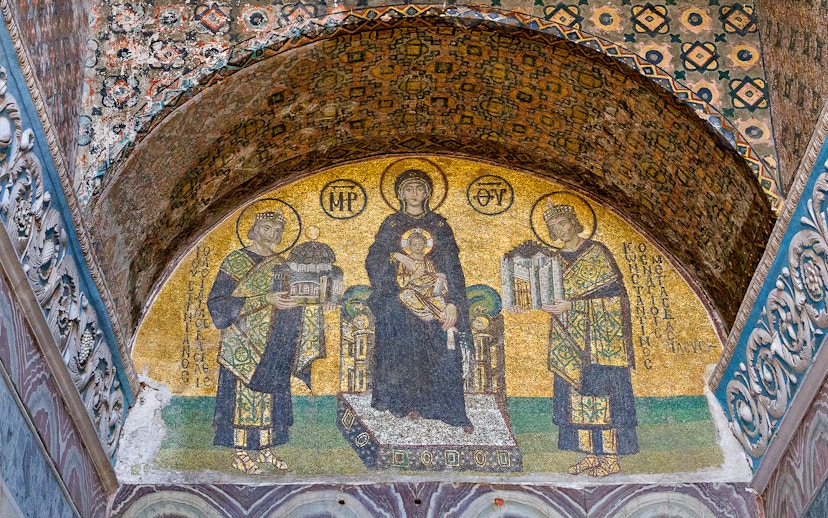 Mosaic of Virgin Mary and Christ Child with emperors in Hagia Sophia, Istanbul.