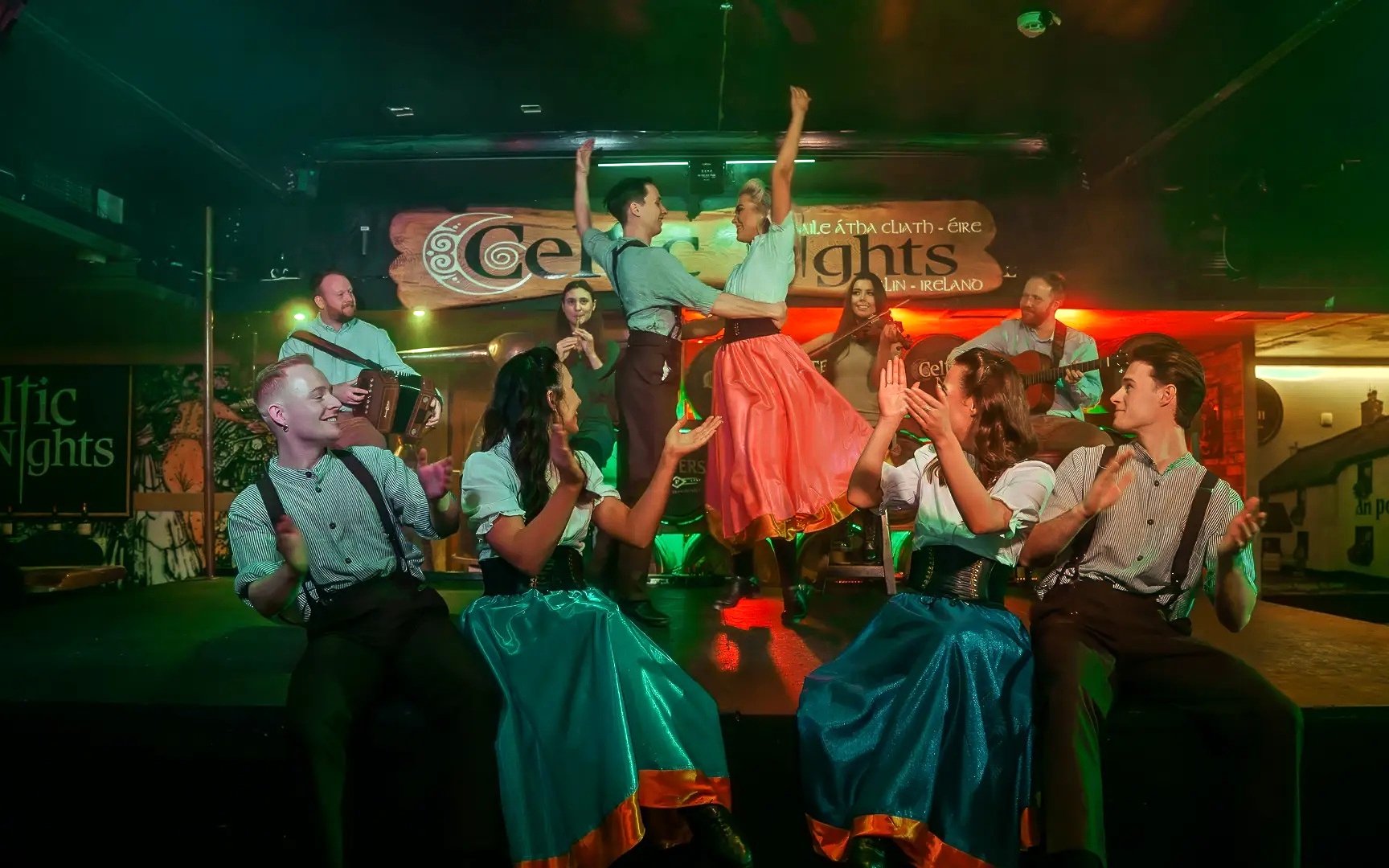 Dancers and musicians performing at Celtic Nights show in Dublin.