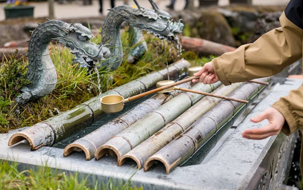 Person using a ladle at a traditional purification fountain in Tokyo.