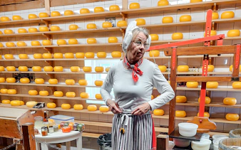 Cheese maker demonstrating process in front of shelves with cheese wheels.