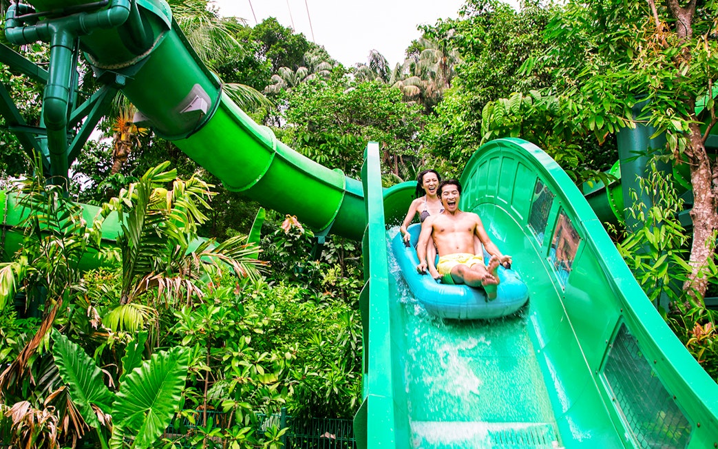 People enjoying the Riptide Rocket ride at Adventure Cove Waterpark™ surrounded by lush greenery.