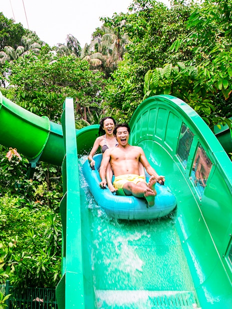 People enjoying the Riptide Rocket ride at Adventure Cove Waterpark™ surrounded by lush greenery.