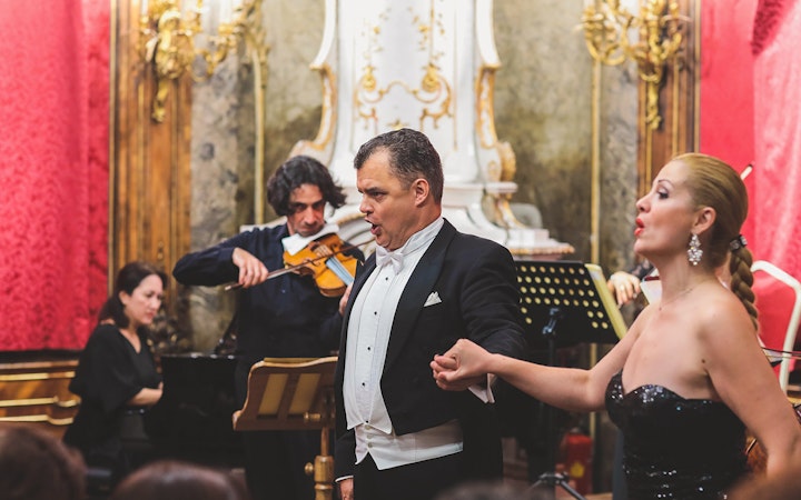 Vienna Baroque Orchestra performance with singers and violinist in ornate hall.