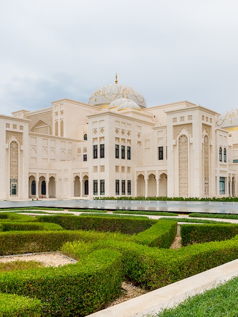 Ornamental garden in front of Qasr Al Watan, Abu Dhabi, United Arab Emirates.
