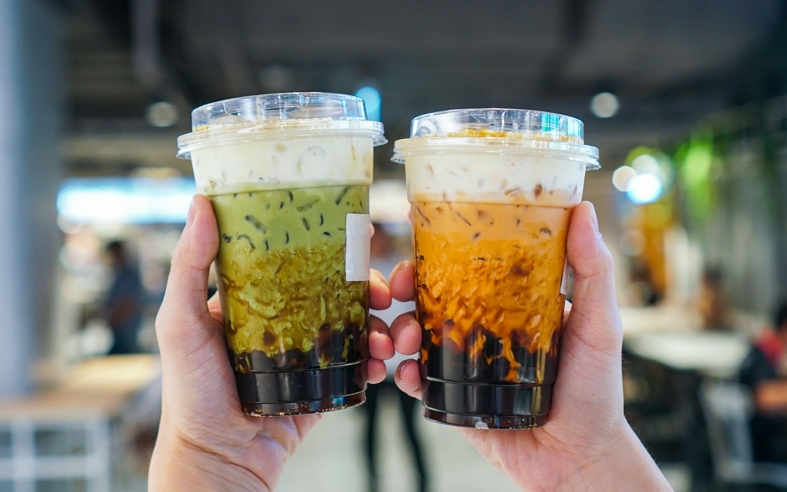 Bubble tea with tapioca pearls in a clear cup, Taipei, Taiwan.
