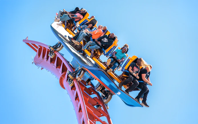 Visitors riding the Georgia Gold Rusher roller coaster at Six Flags Over Georgia.