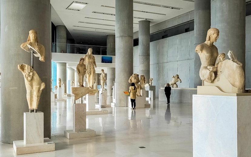 Ancient sculptures displayed in the Acropolis Museum, Athens.