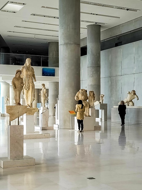 Ancient sculptures displayed in the Acropolis Museum, Athens.