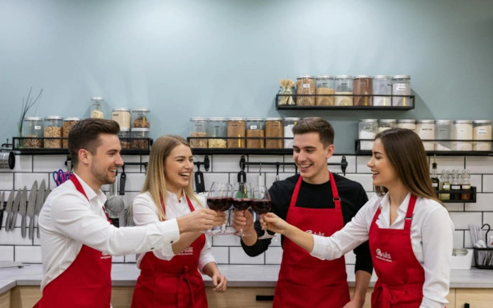 Participants toasting with wine during a cooking class in Barcelona kitchen.