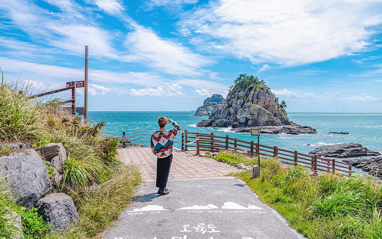 Visitor viewing rocky coastline at Blueline Park, Busan, during One Day City Tour.