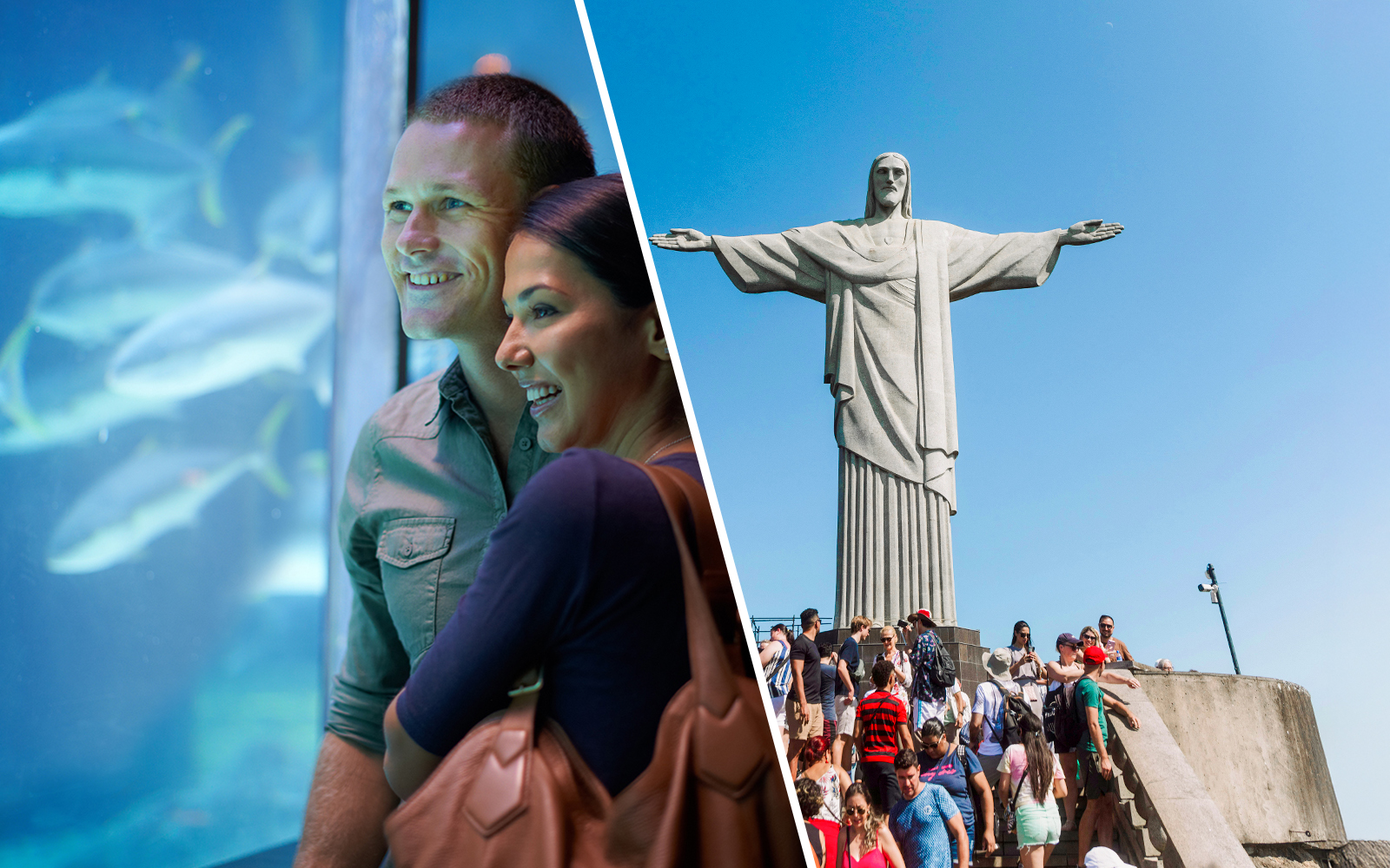 Couple enjoying AquaRio aquarium and tourists at Christ the Redeemer, Rio de Janeiro.