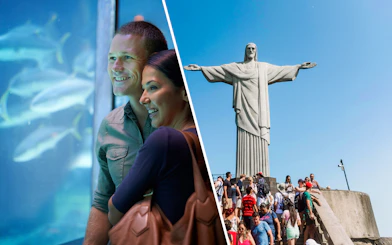 Couple enjoying AquaRio aquarium and tourists at Christ the Redeemer, Rio de Janeiro.