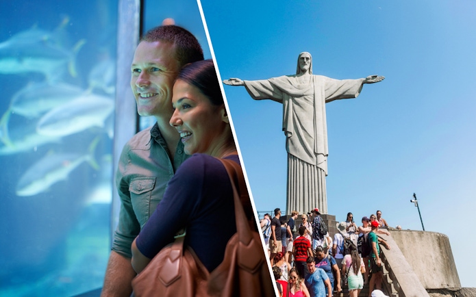 Couple enjoying AquaRio aquarium and tourists at Christ the Redeemer, Rio de Janeiro.
