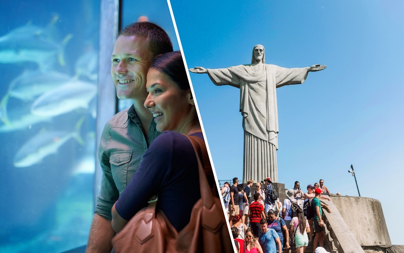 Couple enjoying AquaRio aquarium and tourists at Christ the Redeemer, Rio de Janeiro.