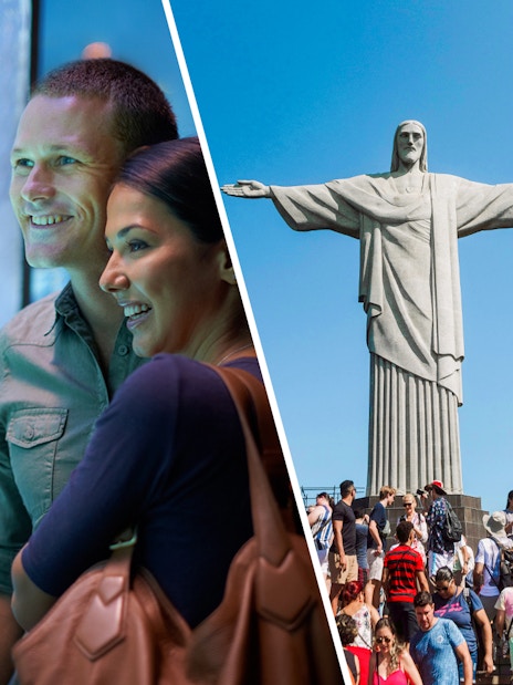 Couple enjoying AquaRio aquarium and tourists at Christ the Redeemer, Rio de Janeiro.
