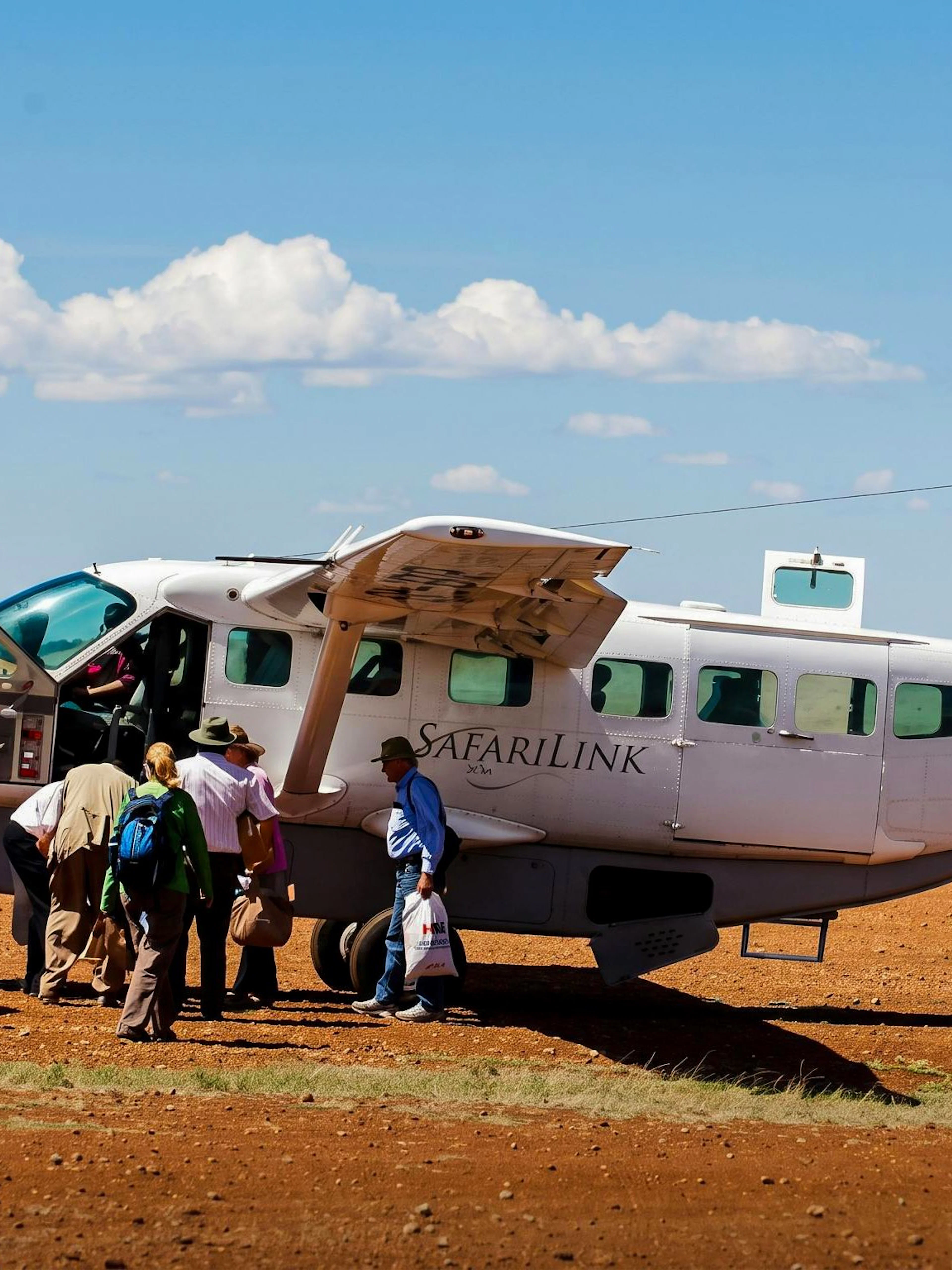 Tourists boarding a small plane for a flying safari in Maasai Mara, Kenya.