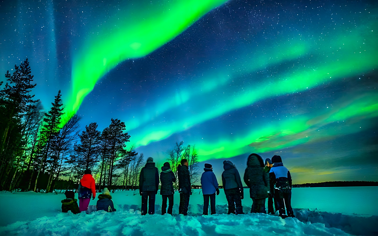 Northern lights over snowy Rovaniemi landscape with group on guided tour.