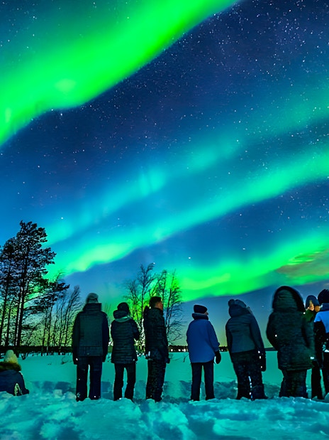Northern lights over snowy Rovaniemi landscape with group on guided tour.