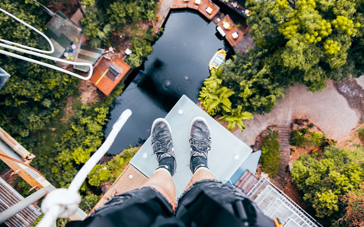 Person standing on a platform above a lush landscape at Walk The Plank by AJ Hackett.