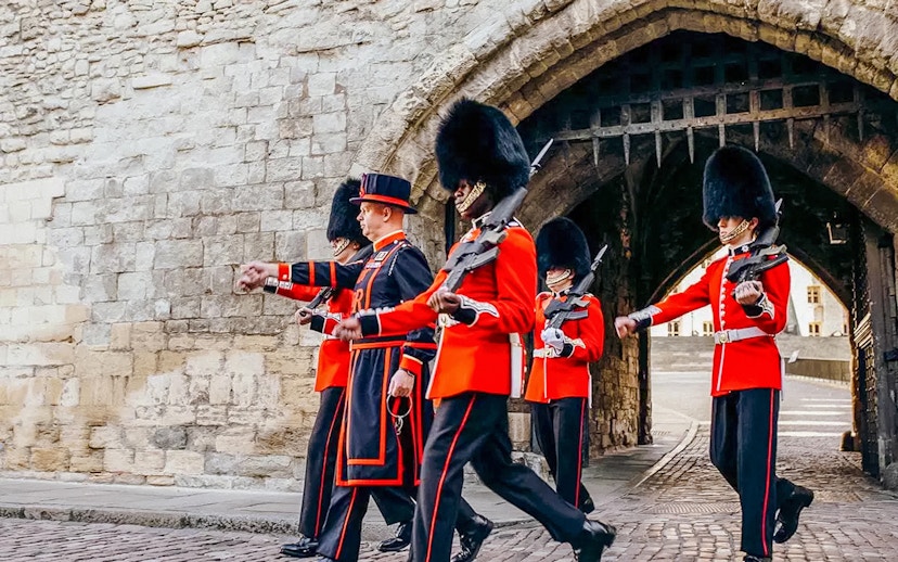 Guards marching at the Tower of London.