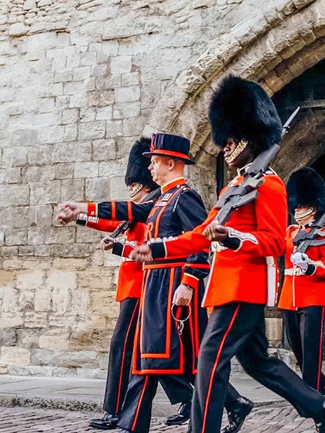 Guards marching at the Tower of London.