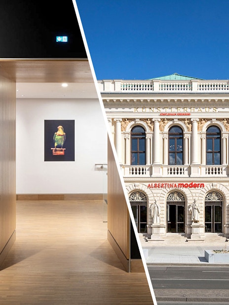 Albertina Museum interior and Albertina Modern exterior in Vienna.