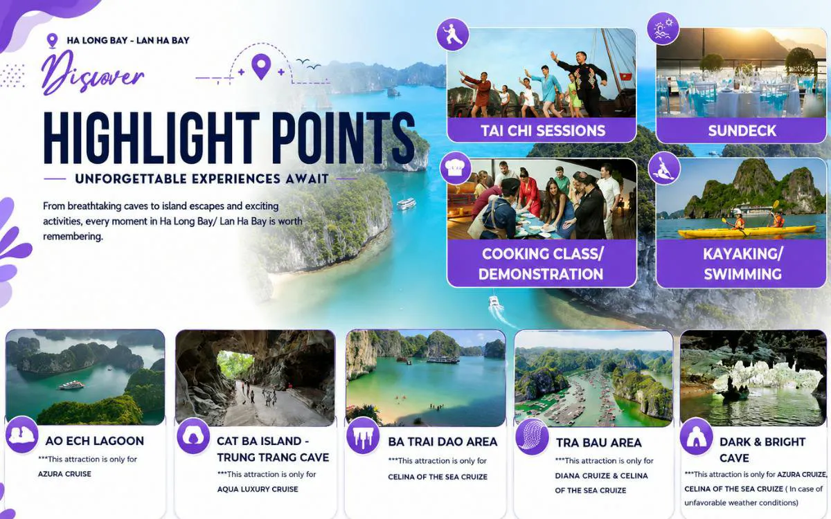 Lan Ha Bay 5-star cruise highlights including Tai Chi, sundeck dining, cooking class, kayaking, and cave exploration.