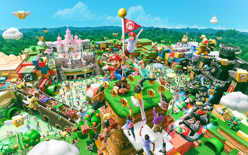 Group tour at Universal Studios Japan with Super Nintendo World attractions.