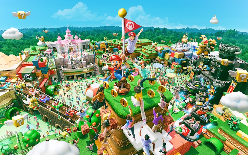 Group tour at Universal Studios Japan with Super Nintendo World attractions.