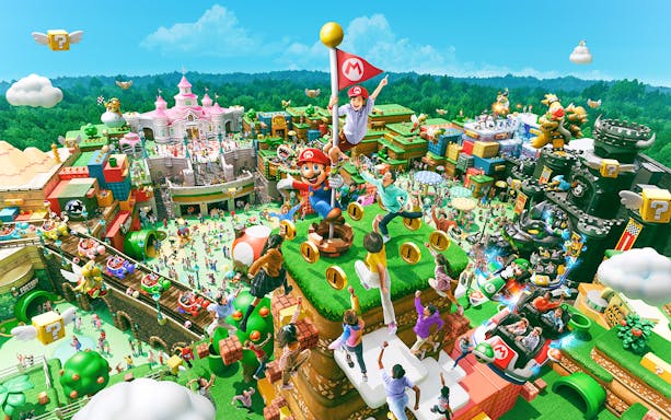 Group tour at Universal Studios Japan with Super Nintendo World attractions.