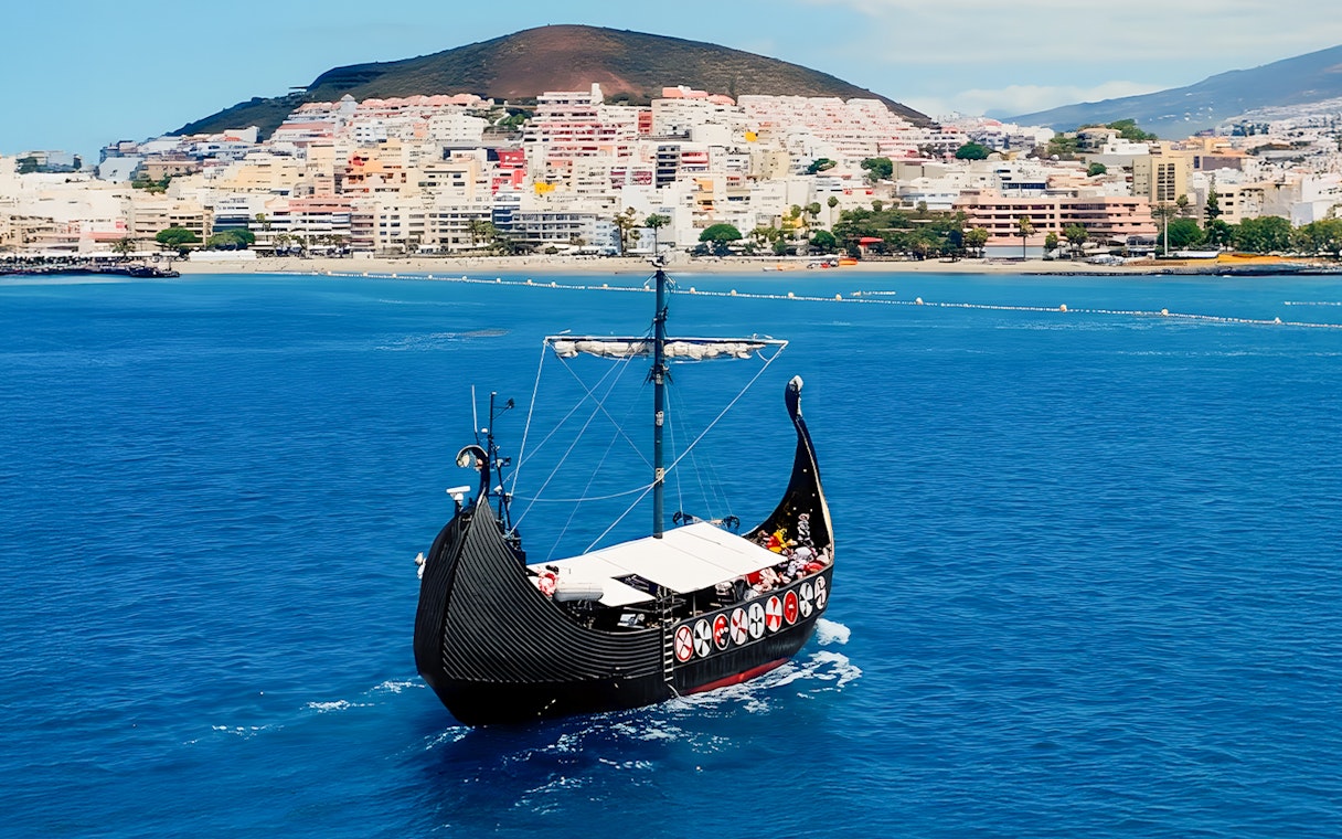 Viking boat sailing with cityscape in background on whale and dolphin watching cruise.