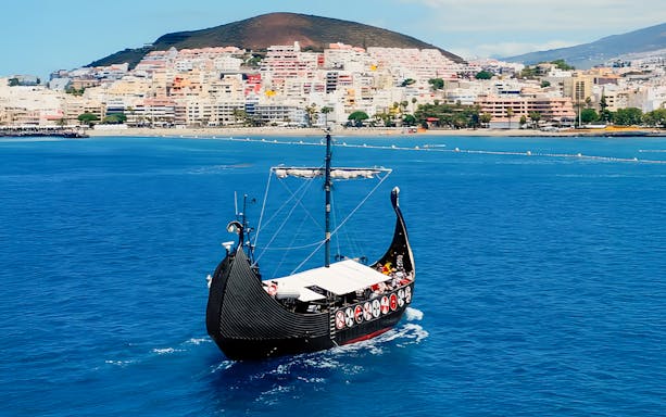 Viking boat sailing with cityscape in background on whale and dolphin watching cruise.