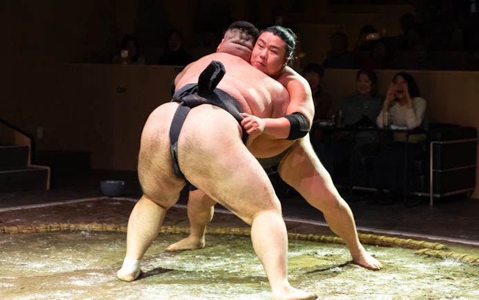 Sumo wrestlers competing in a Kyoto entertainment show.
