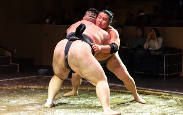 Sumo wrestlers competing in a Kyoto entertainment show.