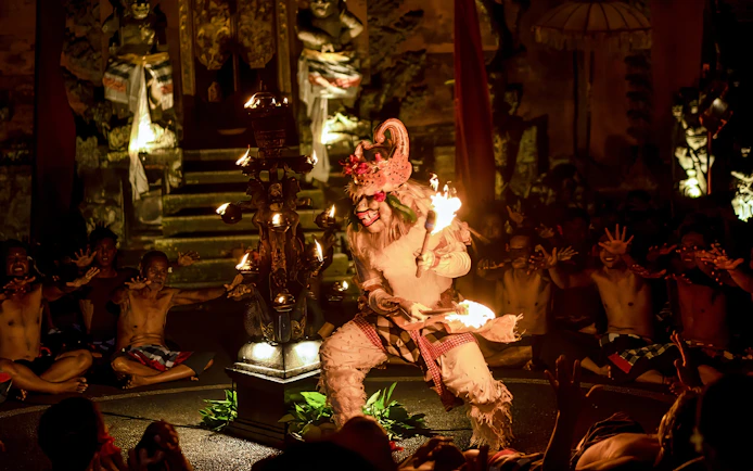 Performer in traditional costume at Kecak & Fire Dance, Ubud Peliatan Palace.