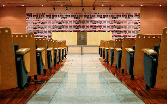 Press room at Santiago Bernabéu Stadium during a private guided tour.