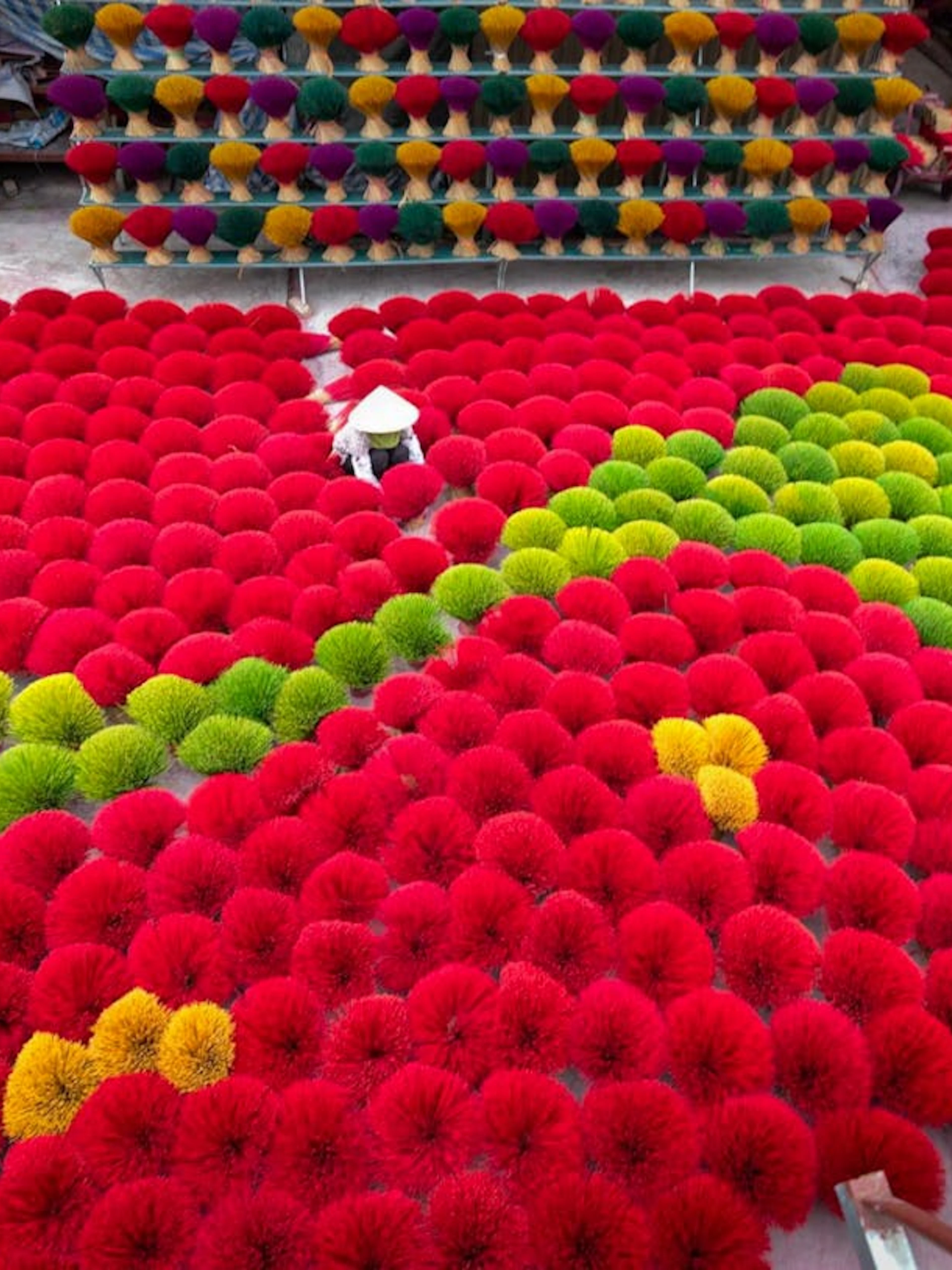 Colorful incense sticks drying in Hanoi village, Vietnam.