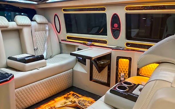 Luxurious interior of a private transfer vehicle for Sabiha Gokcen Airport, Istanbul.