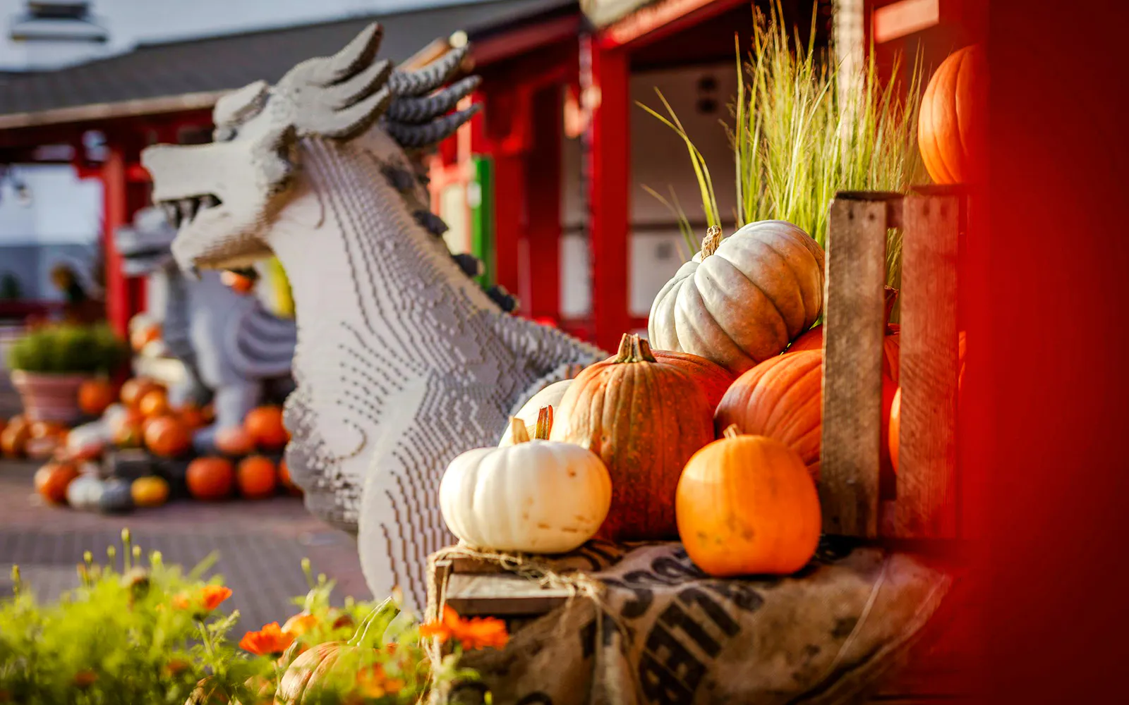 Lego dragon and pumpkins at Halloween display in Legoland Billund.