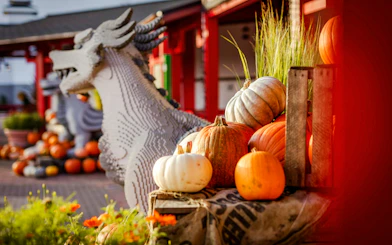 Lego dragon and pumpkins at Halloween display in Legoland Billund.
