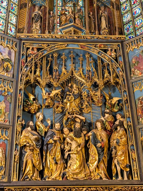 St. Mary's Basilica altar with intricate religious carvings, Krakow Guided Tour.