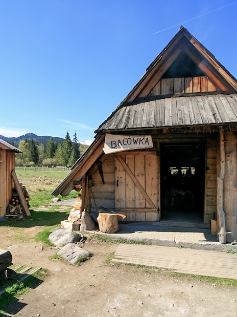 Bacowka Cheese Hut in a mountain meadow with wood stacks and clear sky.