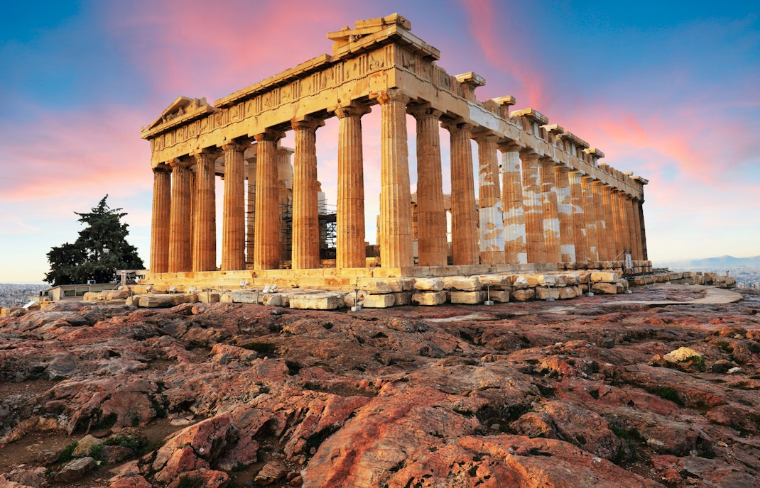Pretty sunset at Parthenon on Acropolis, Athens, Greece.
