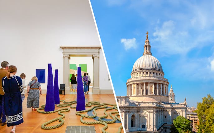 Art gallery visitors and St. Paul's Cathedral dome, London.