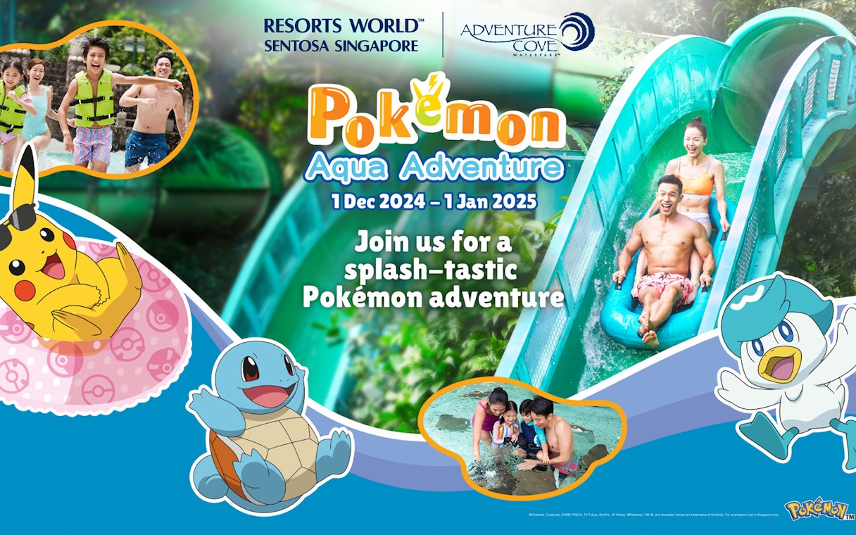 Guests enjoying water slide at Pokemon Aqua Adventure, Adventure Cove Waterpark, Sentosa Singapore.
