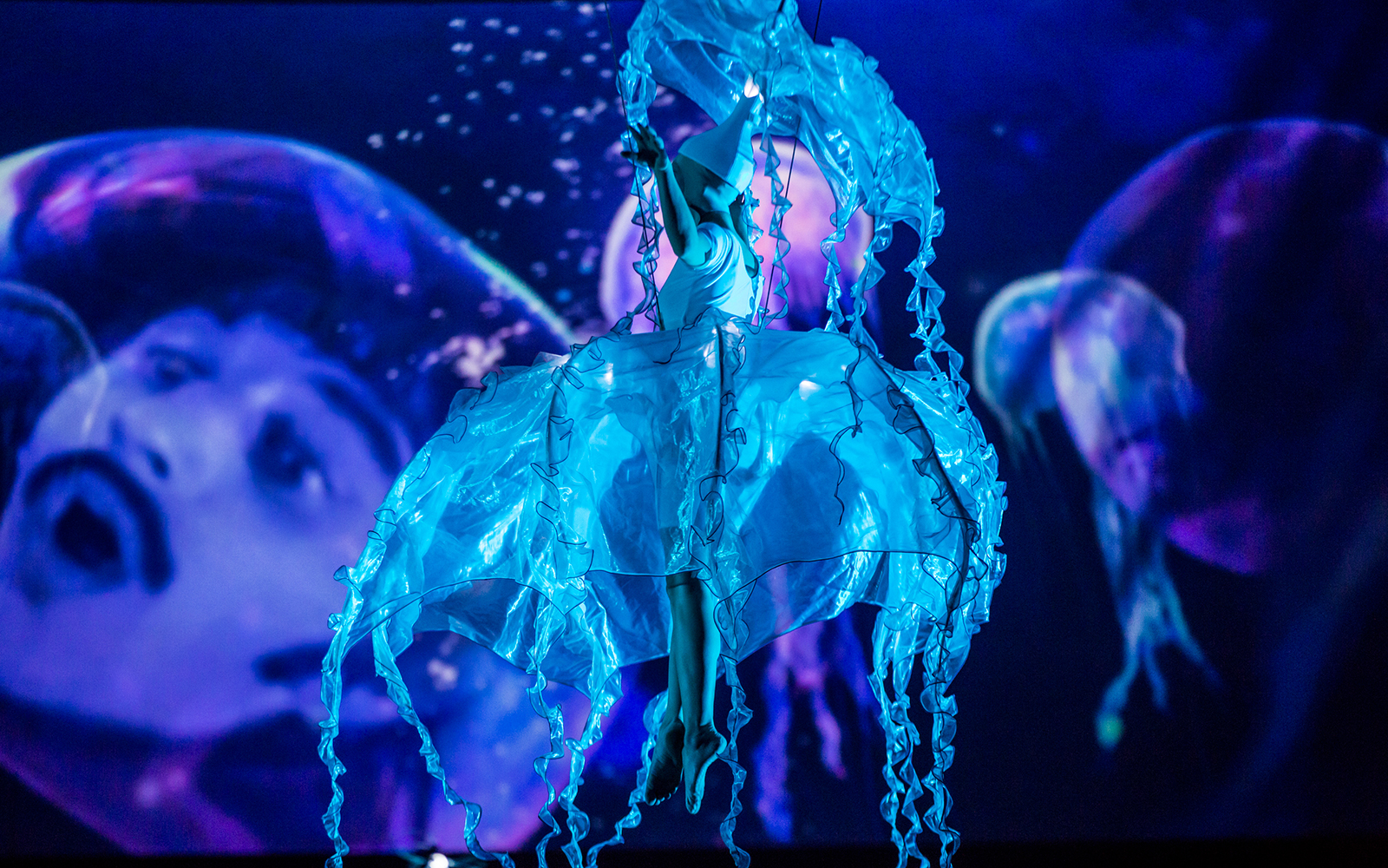 Performer in jellyfish costume at The Beatles LOVE show.