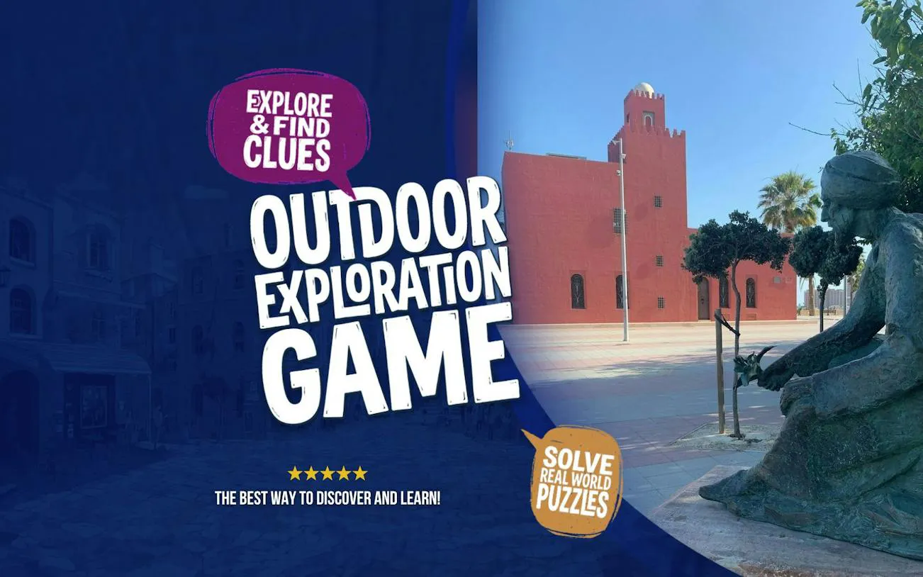 Outdoor exploration game poster with Don Quixote statue and red building in Benalmádena.