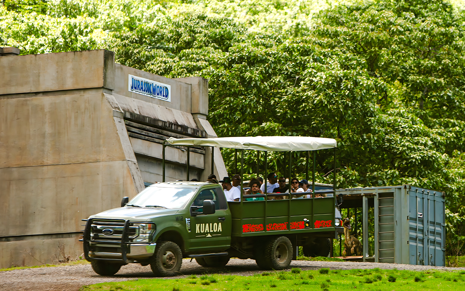 Tour group on a Kualoa Ranch vehicle near Jurassic World set, Jurassic Adventure Tour, Hawaii.